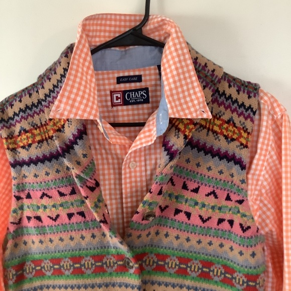 Chaps Ralph Lauren Gingham Long Sleeve Button Down + Shall Collar Sweater Vest - Picture 2 of 10